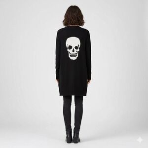 Skull Cashmere Knit Cardigan Sweater in Black with Skull Print Size Medium